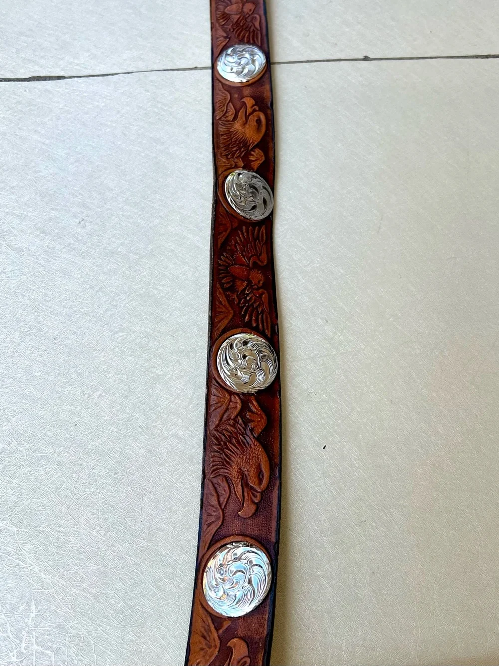 Hand-Tooled Brown Leather Men’s Belt with Native Chief Buckle